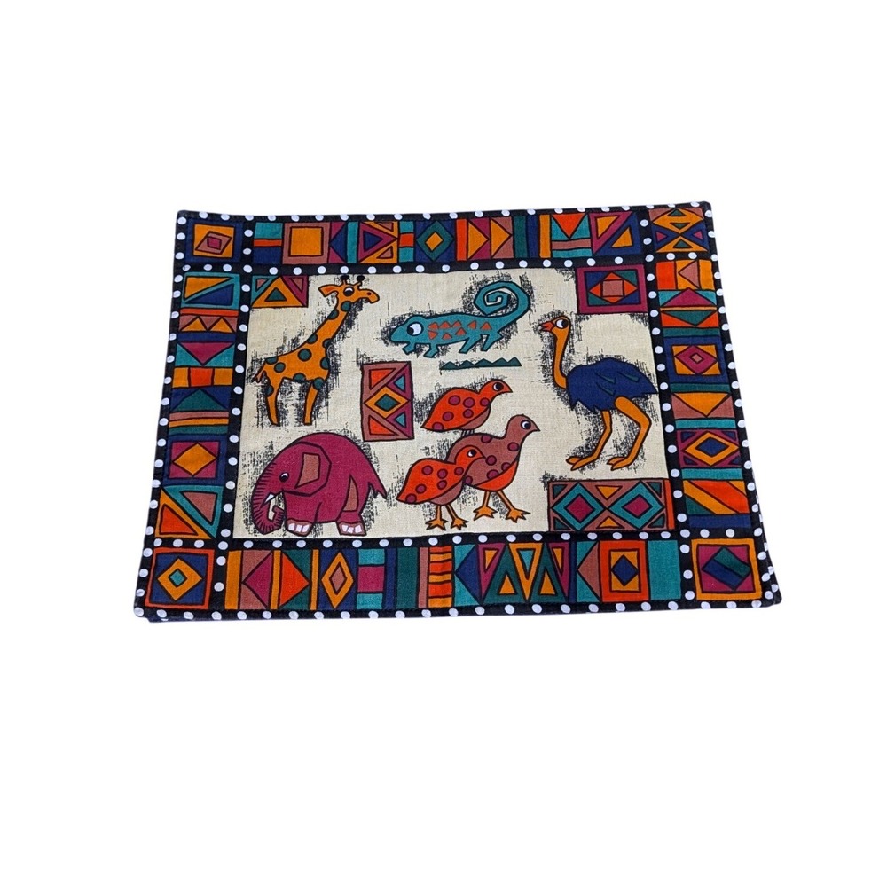2 African Batik Safari Animal Placemat Geometric Border Elephant Giraffe Decor